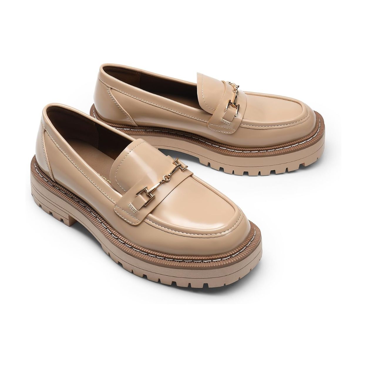 Mocassins femme à semelle plateforme crantée, détail métal, cuir synthétique