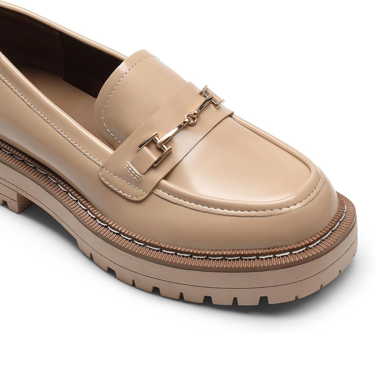 Mocassins femme à semelle plateforme crantée, détail métal, cuir synthétique