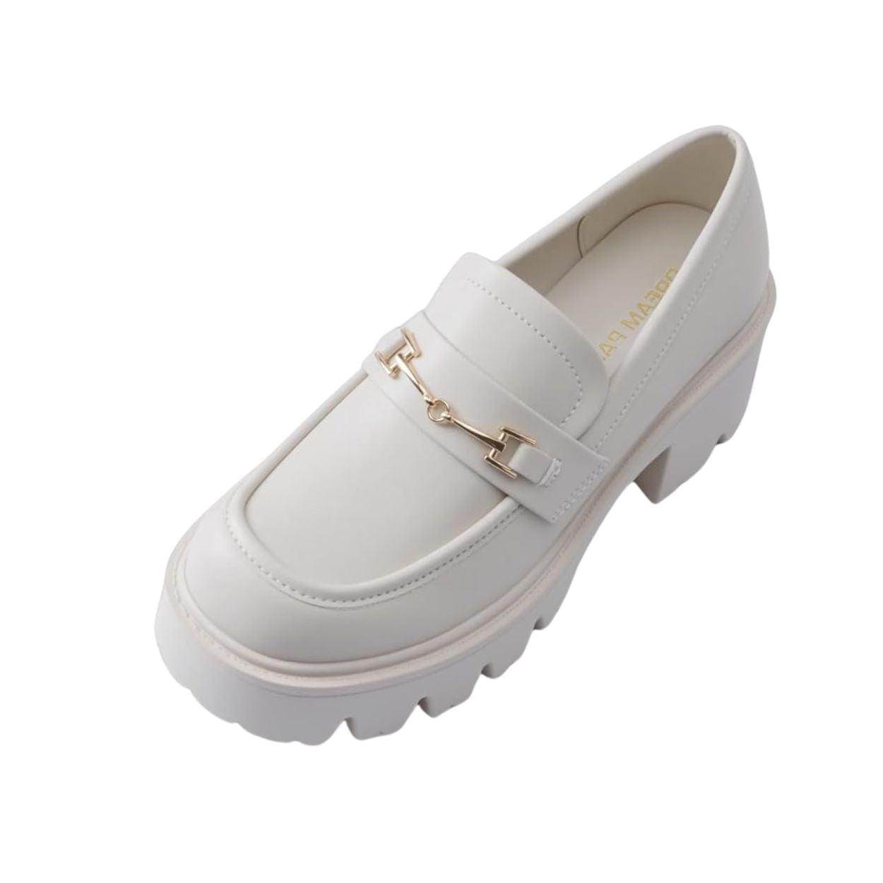 Mocassins femme beige à talon épais, semelle crantée, détail chaîne dorée