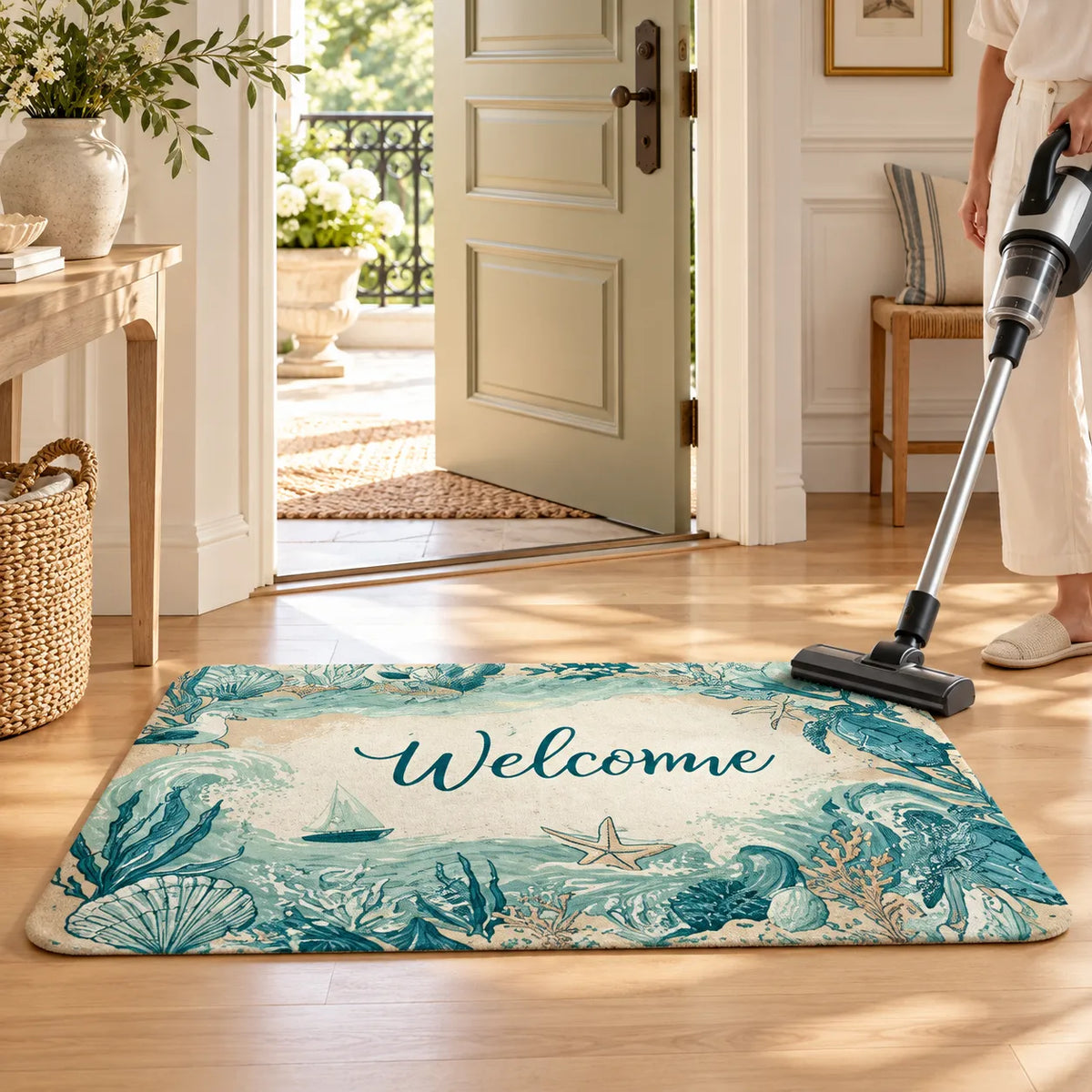 Tapis d'Entrée Coastal Marina | Paillasson doux à motif tortue marine, antidérapant et absorbant