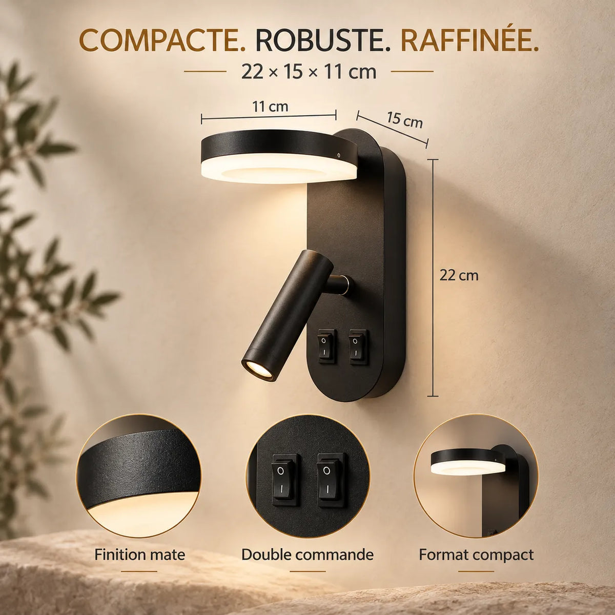 Applique murale LED pour Chambre avec spot rotatif à 350°