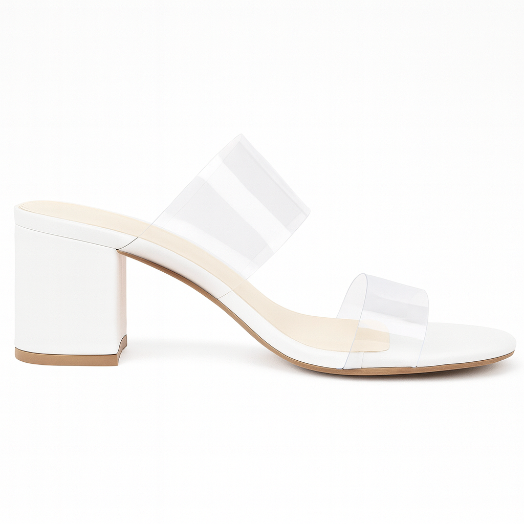 Sandales à Talons pour Femme – Mules d’Été à Enfiler avec Deux Brides Transparentes et Talon Bloc