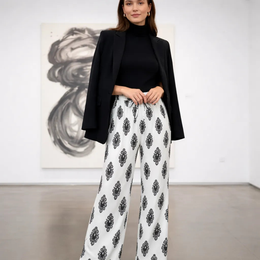 Soléa Pantalon fluide été femme – Imprimé bohème avec cordon