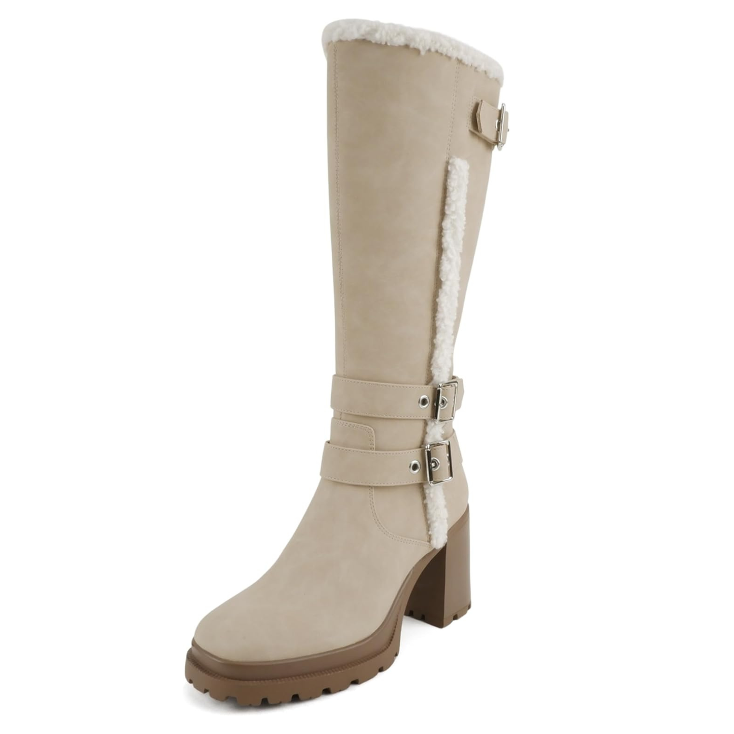 Bottes hautes femme beige à talon bloc et doublure fourrée, brides à boucles métal