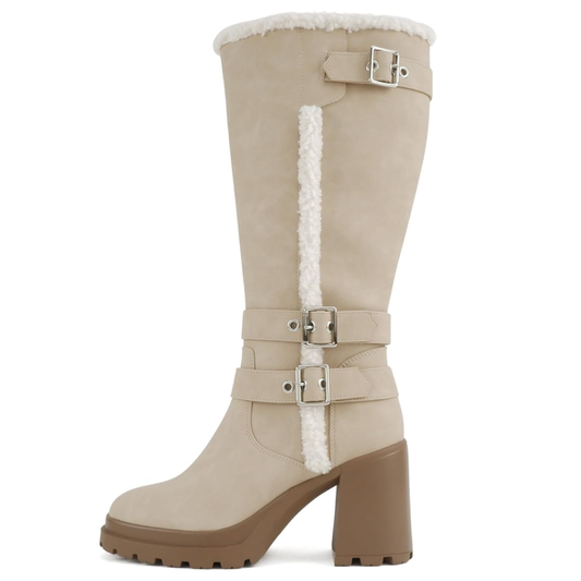 Bottes hautes femme beige à talon bloc et doublure fourrée, brides à boucles métal