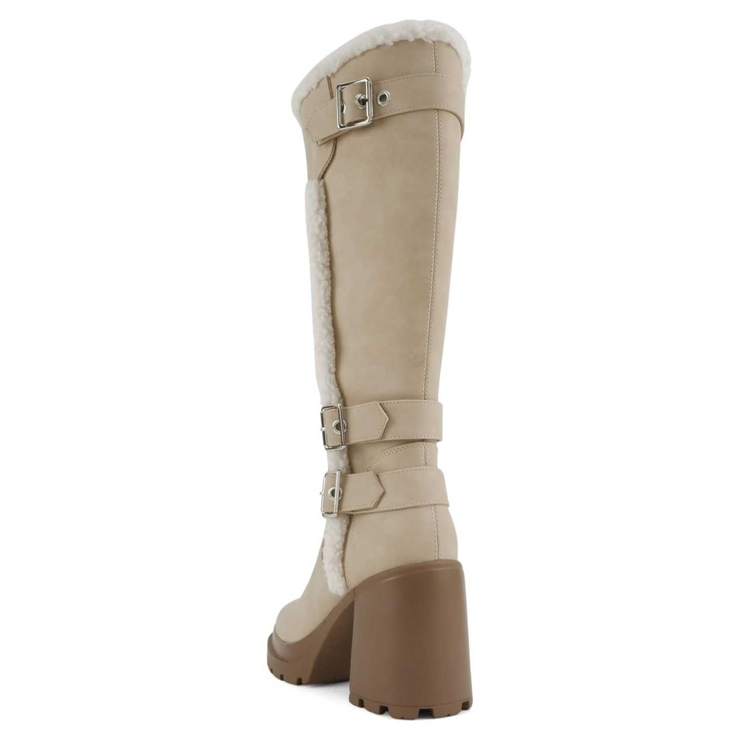 Bottes hautes femme beige à talon bloc et doublure fourrée, brides à boucles métal