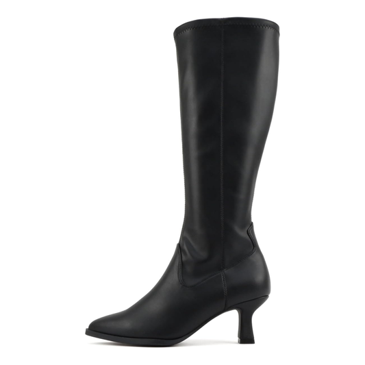 Bottes hautes femme noires en cuir synthétique, bout pointu, talon bas 6 cm, zip latéral