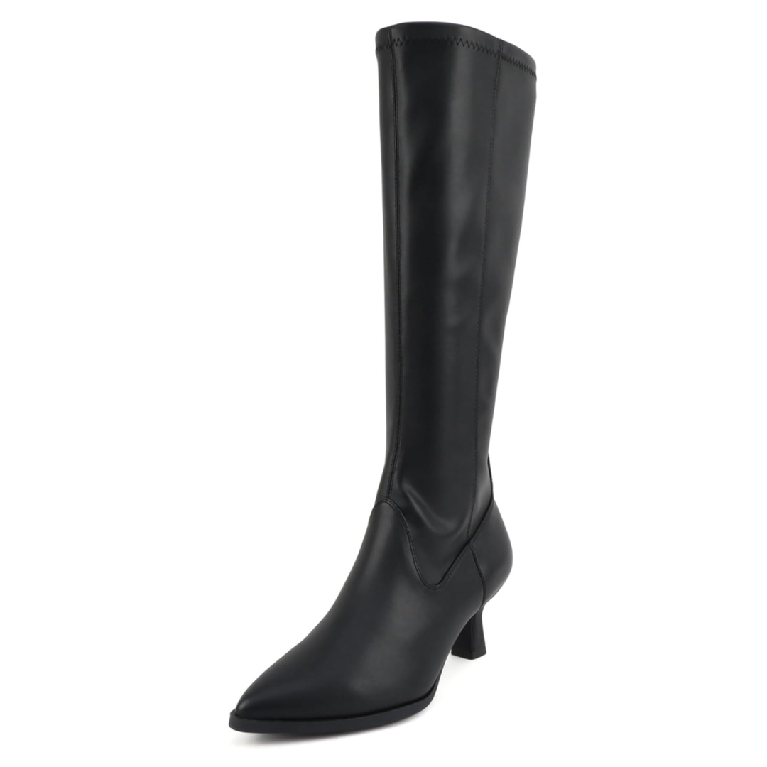 Bottes hautes femme noires en cuir synthétique, bout pointu, talon bas 6 cm, zip latéral
