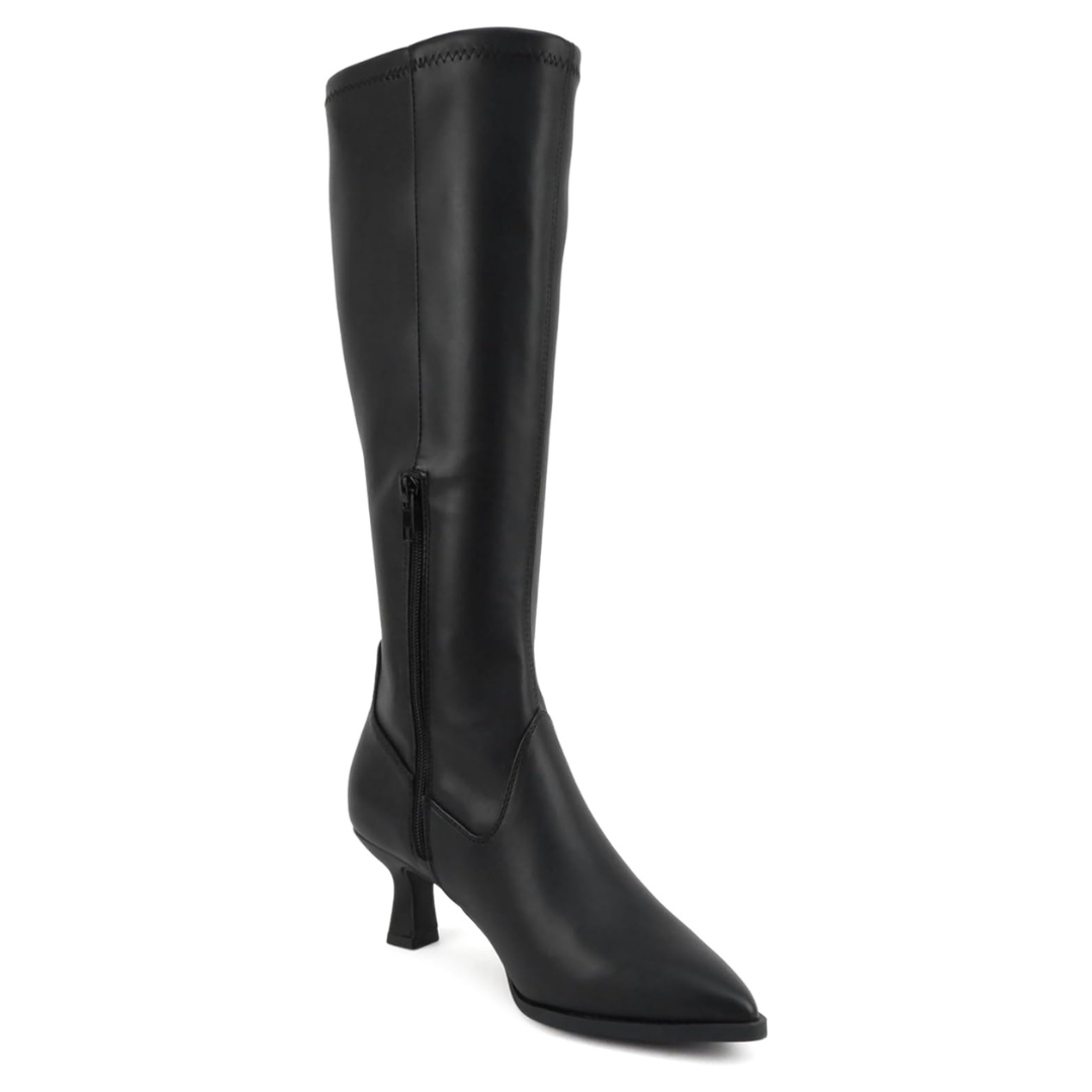 Bottes hautes femme noires en cuir synthétique, bout pointu, talon bas 6 cm, zip latéral