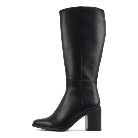 Bottes hautes pour femme à talon bloc et bout pointu - effet cuir noir