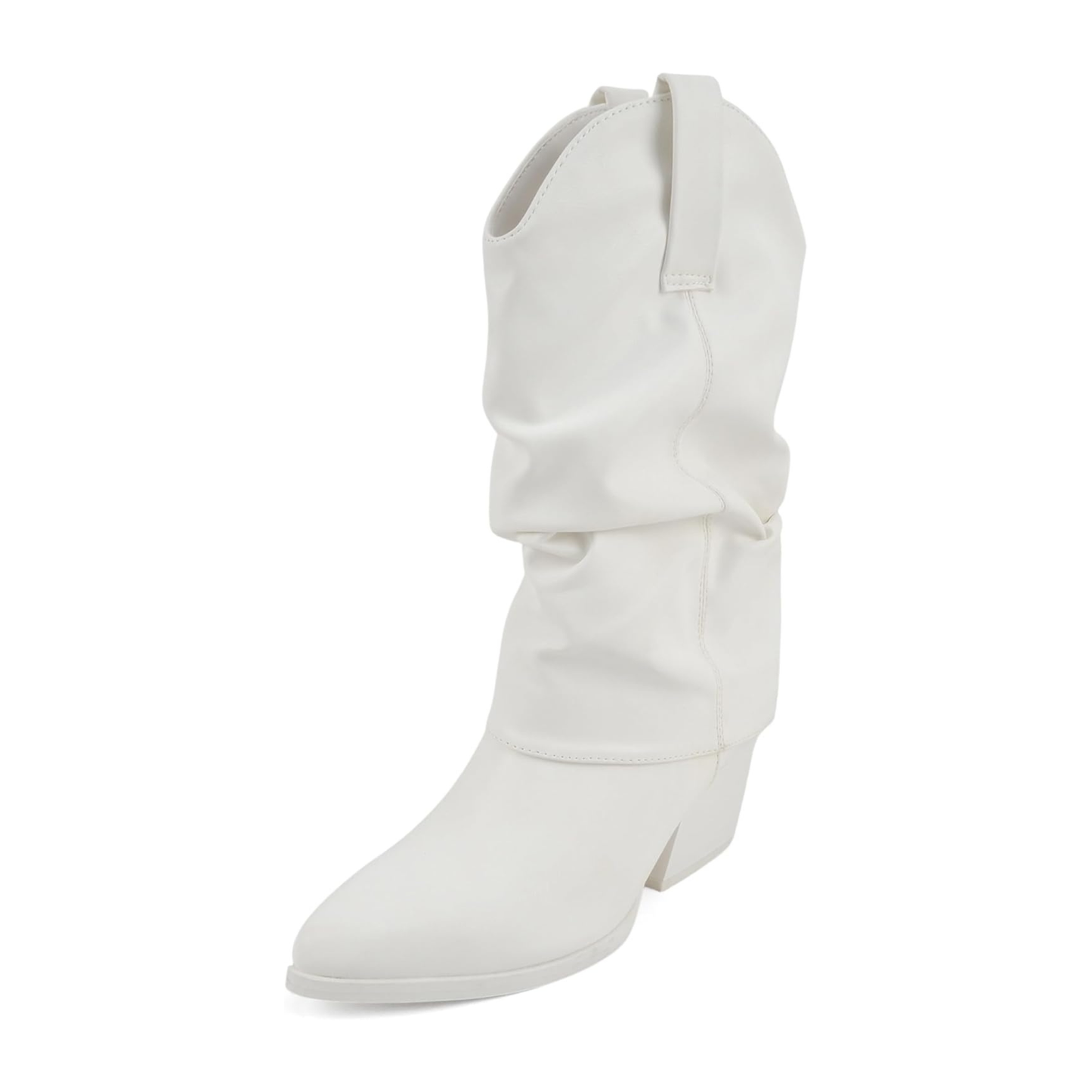 Bottes blanches mi-mollet à bout pointu et talon carré effet plissé pour femme
