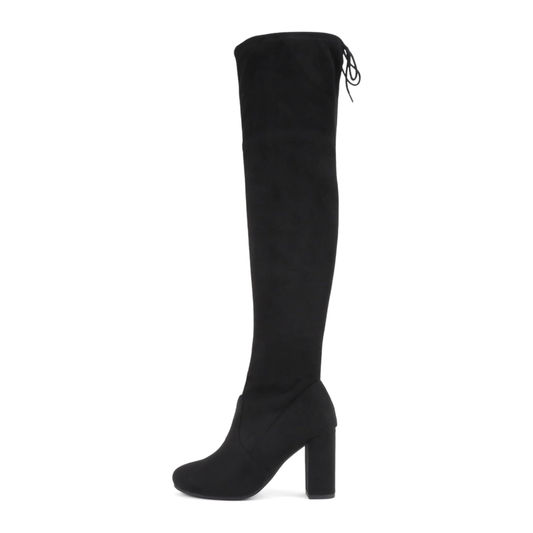 Cuissardes noires en simili daim avec talon bloc et laçage arrière pour femme