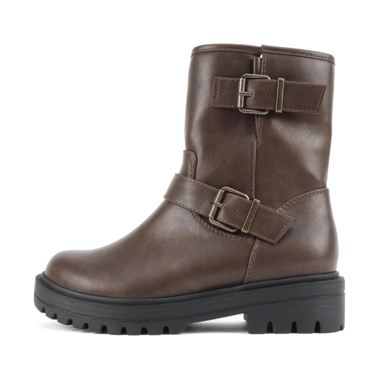 Bottes motardes marron à brides boucle et semelle crantée mi-mollet pour femme