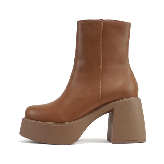 Bottines femme camel à talon bloc et plateforme, bout carré, fermeture éclair latérale