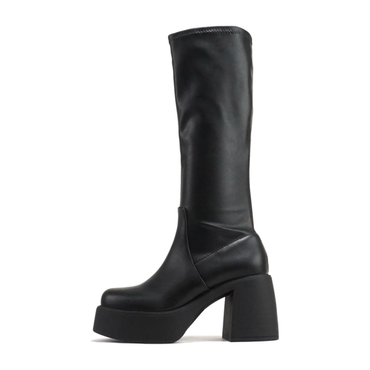 Bottes noires à talon bloc et plateforme, hauteur mollet, simili cuir pour femme