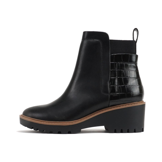 Bottines chelsea noires à talon compensé bas et arrière effet croco pour femme