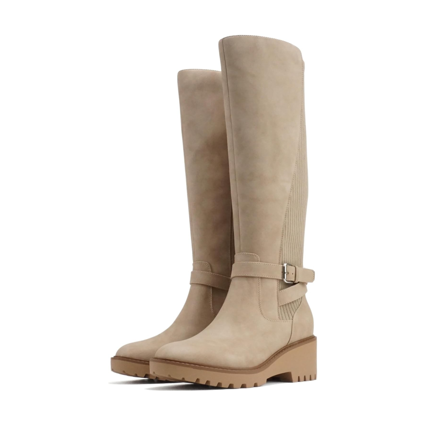 Bottes hautes beige à talon bloc et semelle crantée avec sangle décorative pour femme