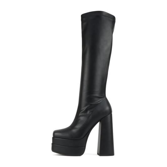 Bottes hautes noires à plateforme épaisse et talon bloc en simili cuir pour femme