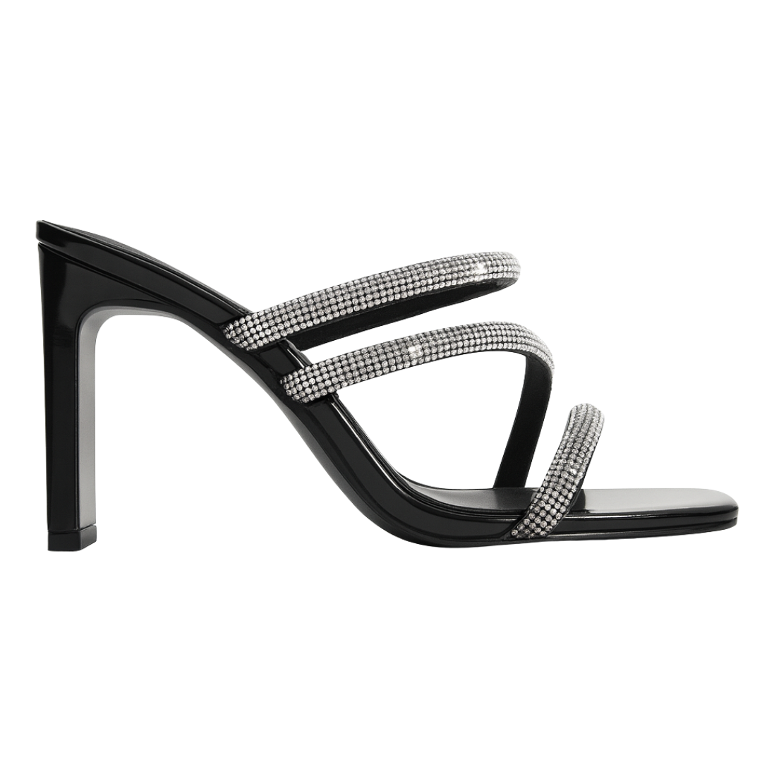 Sandales à talon femme noires élégantes – Bride strass croisée