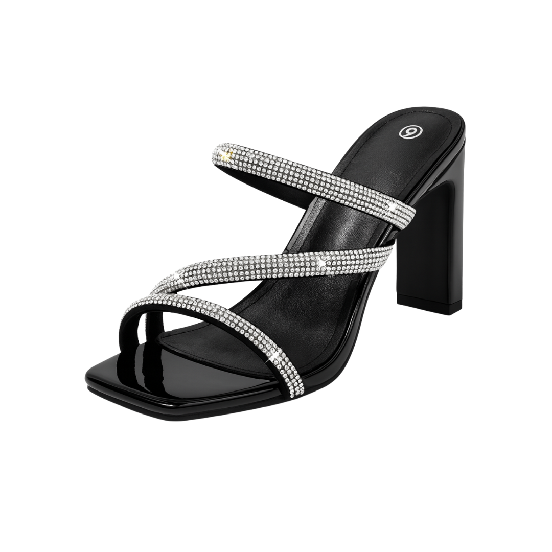 Sandales à talon femme noires élégantes – Bride strass croisée