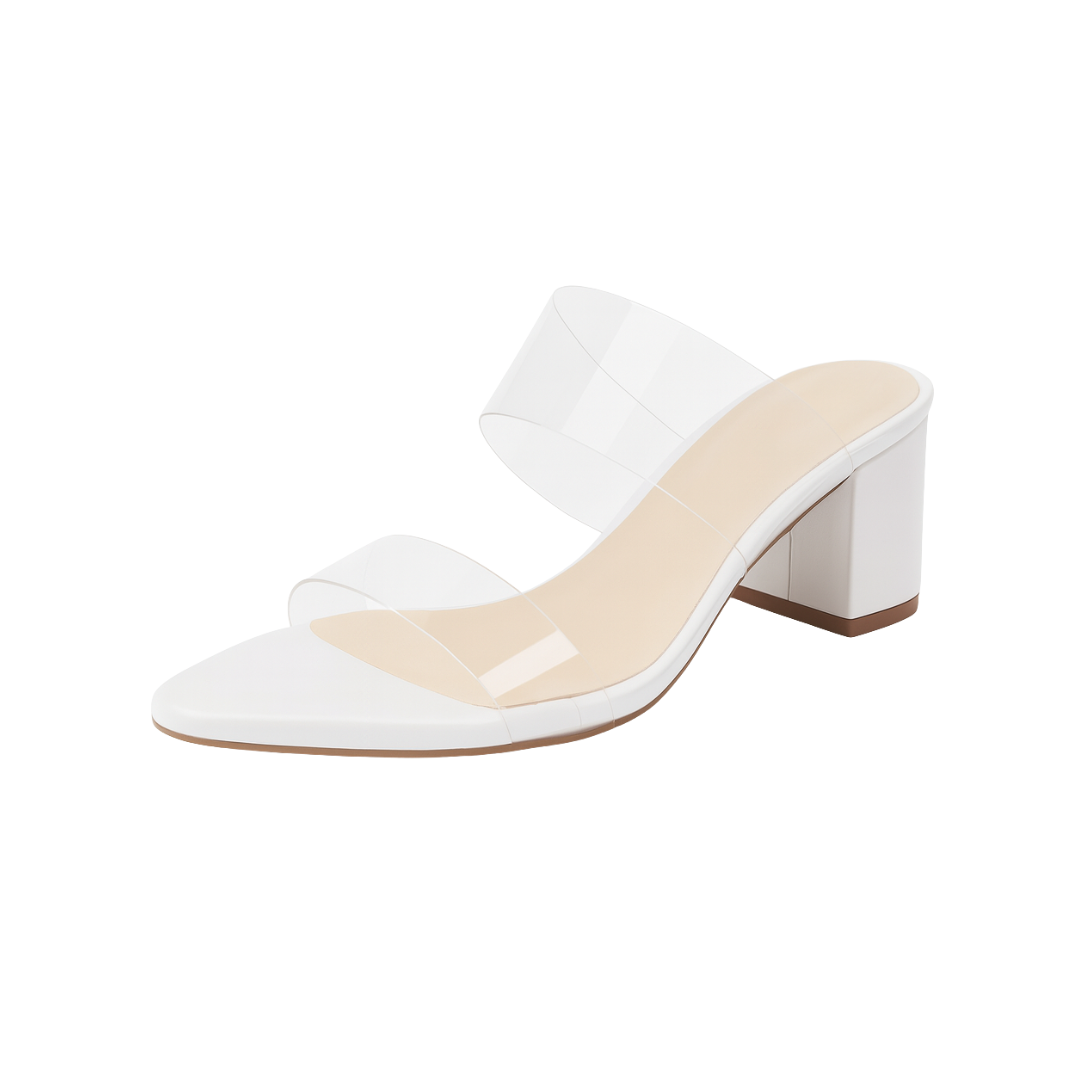 Sandales à Talons pour Femme – Mules d’Été à Enfiler avec Deux Brides Transparentes et Talon Bloc