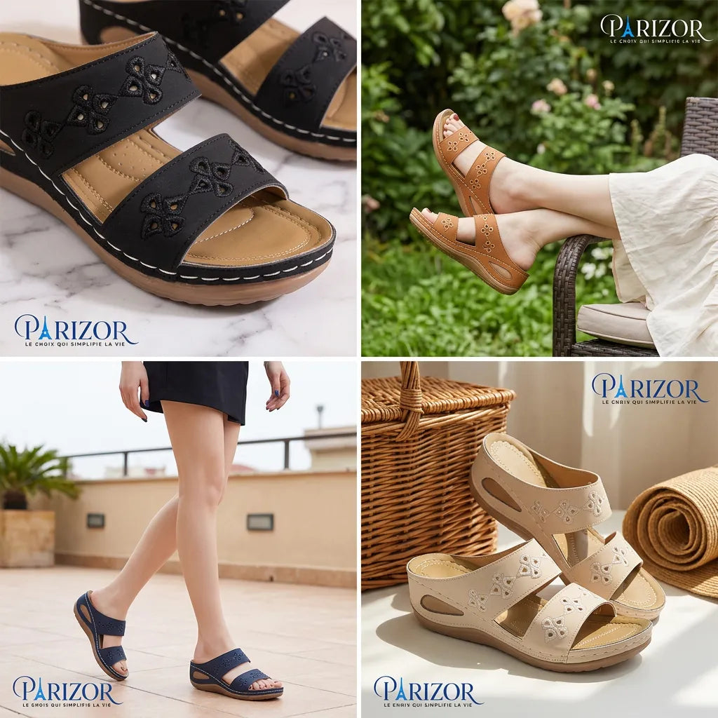 NOIRÉA FLORAL™ | Sandales Plates Noires Femme – Confort Léger Été