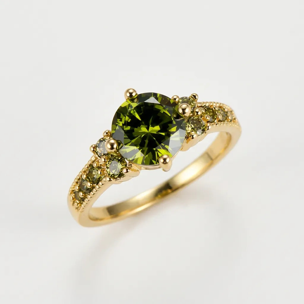 Bague Olivine | Bague pour femme en zircon vert olive, couleur or, sertissage à griffes