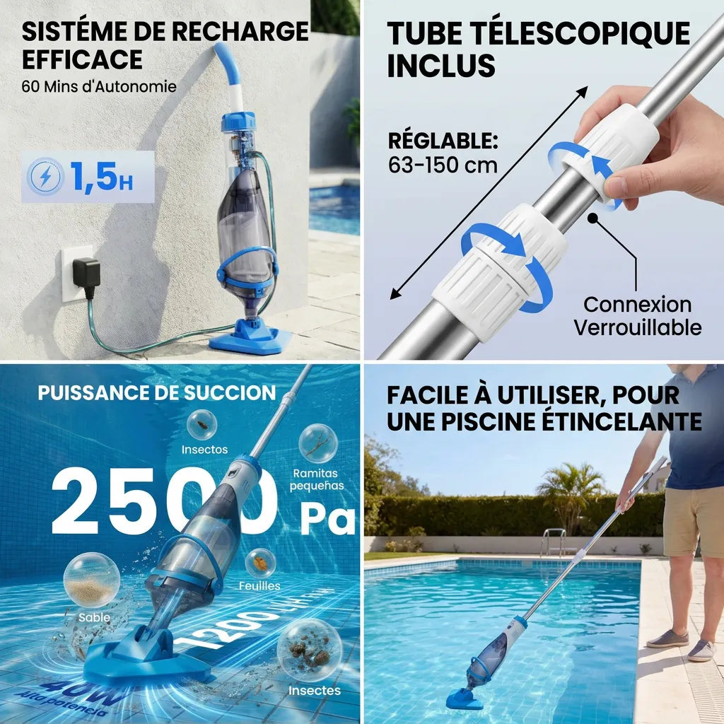 Aspirateur Piscine AquaVac™ | Robot piscine sans fil manuel avec perche télescopique 150 cm