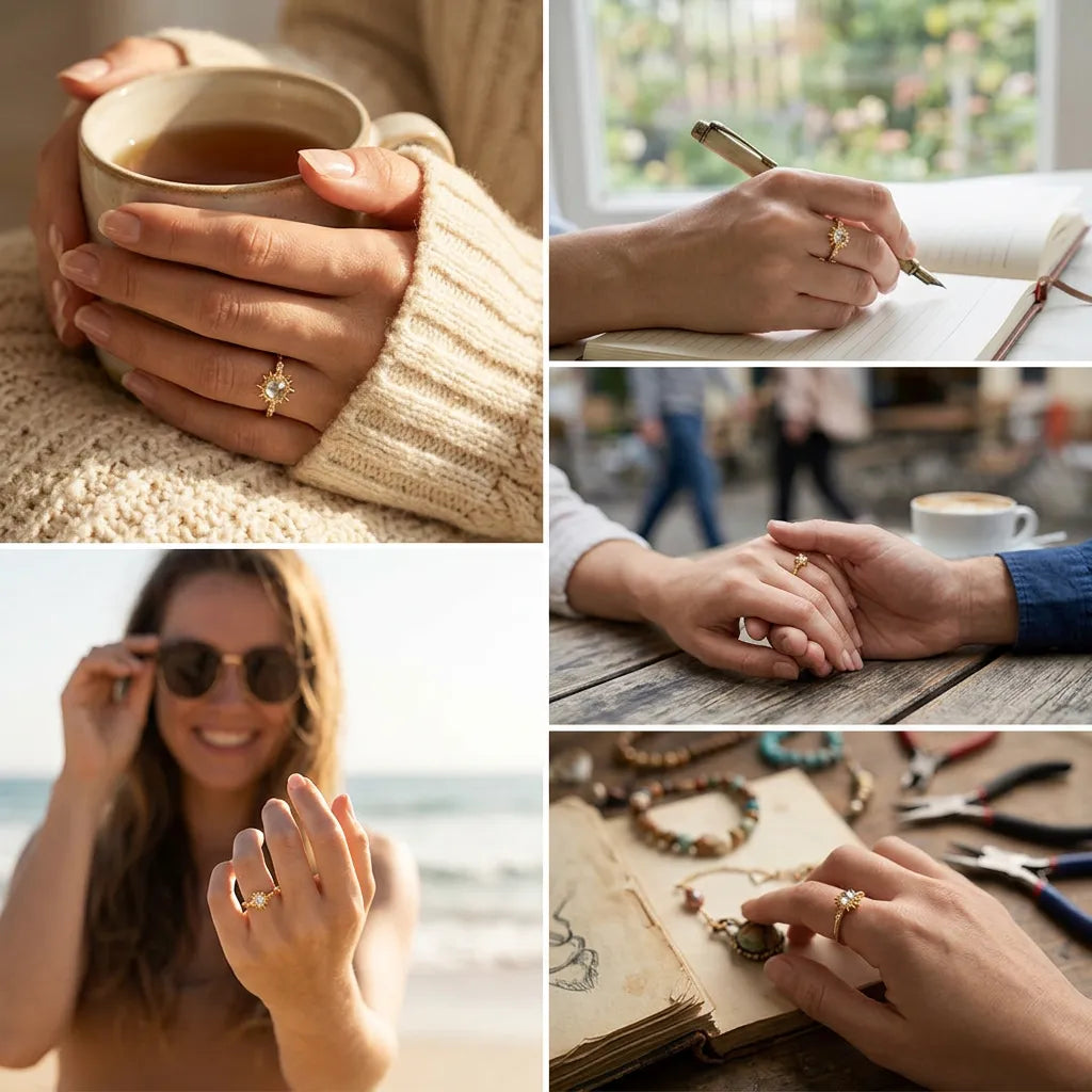Bague Soleil | Bague femme fine en quartz clair et argent, taille ajustable