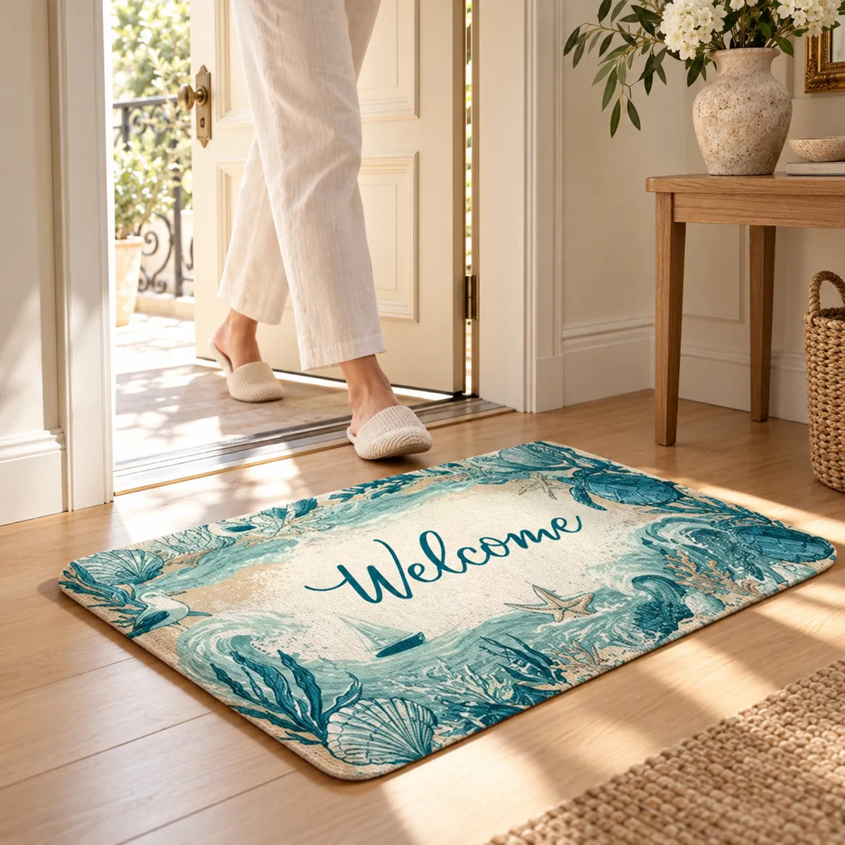Tapis d'Entrée Coastal Marina | Paillasson doux à motif tortue marine, antidérapant et absorbant