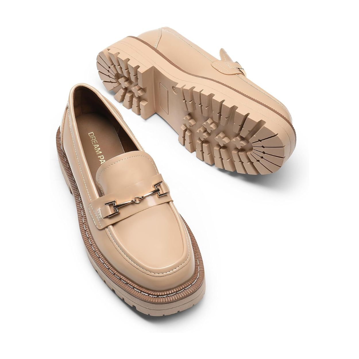 Mocassins femme à semelle plateforme crantée, détail métal, cuir synthétique