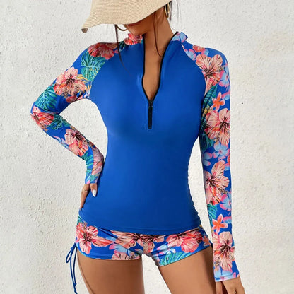 Élégance Marine - Tankini femme manches longues imprimé floral