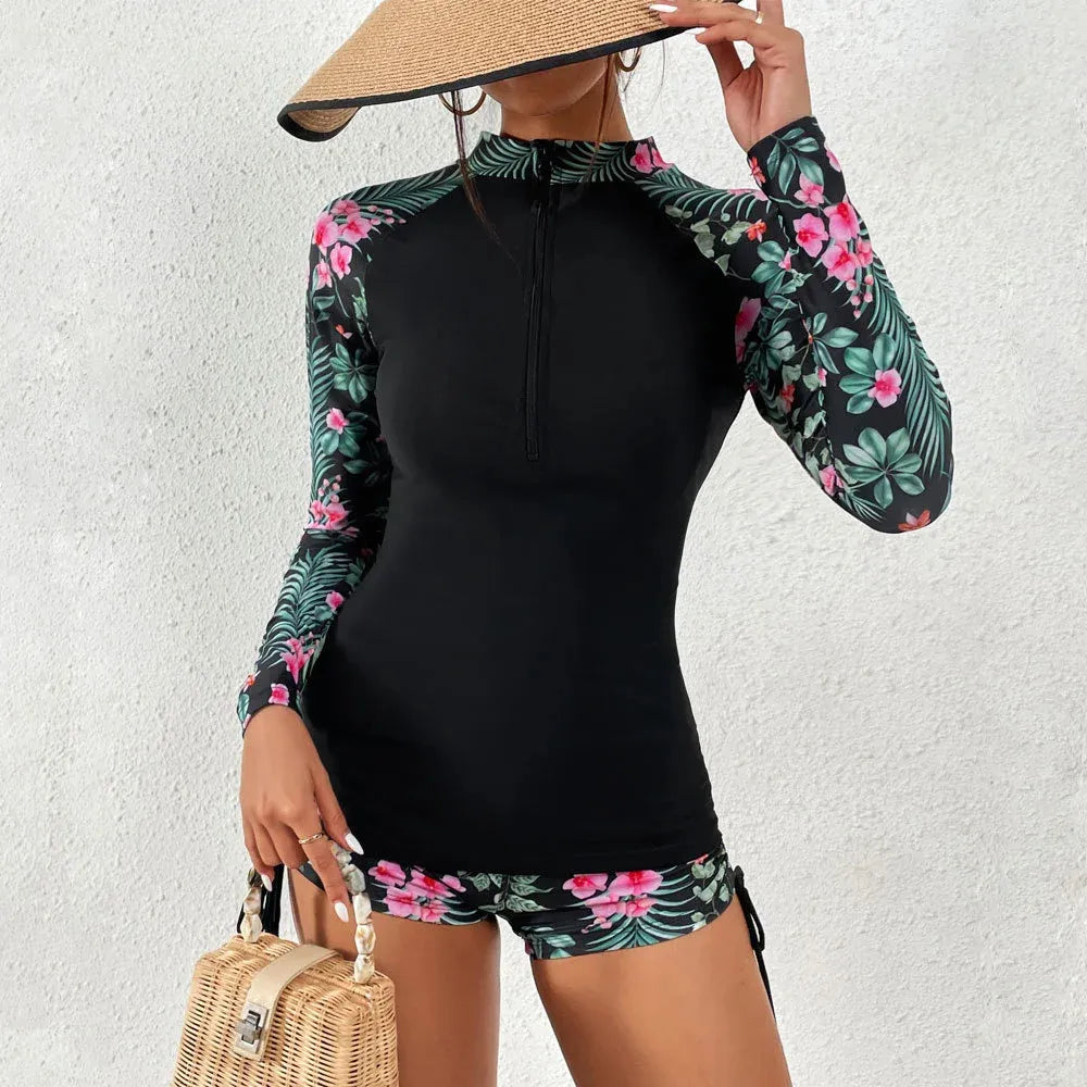 Élégance Marine - Tankini femme manches longues imprimé floral