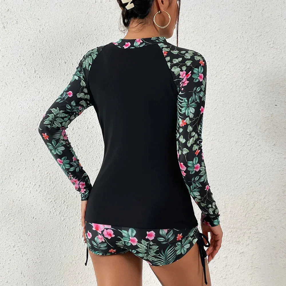 Élégance Marine - Tankini femme manches longues imprimé floral