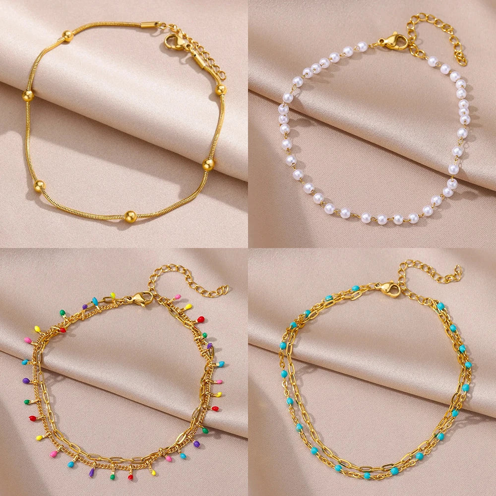 Bracelet de Cheville Bohème Doré Femme | Élégant Été Perles Acier Inoxydable