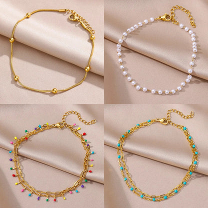 Bracelet de Cheville Bohème Doré Femme | Élégant Été Perles Acier Inoxydable