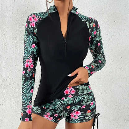 Élégance Marine - Tankini femme manches longues imprimé floral