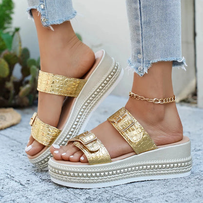 AELORIA DORÉ™ | Sandales Dorées Femme Élégantes Été – Compensées Confort Plage