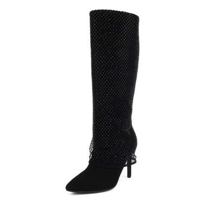 Bottes hautes noires à talon fin et tige ornée de strass pour femme