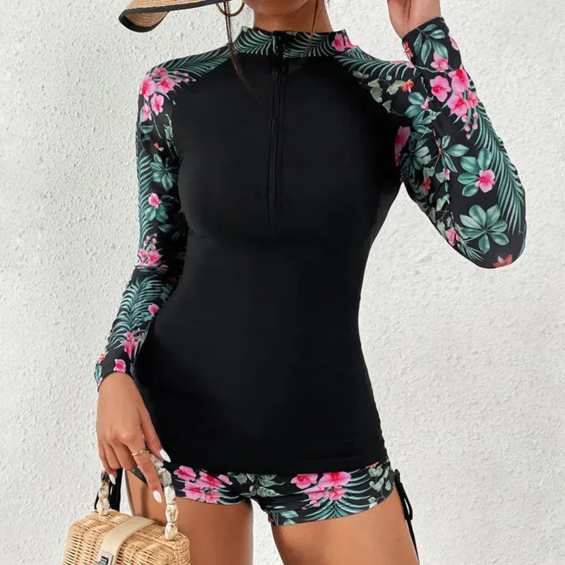 Élégance Marine - Tankini femme manches longues imprimé floral