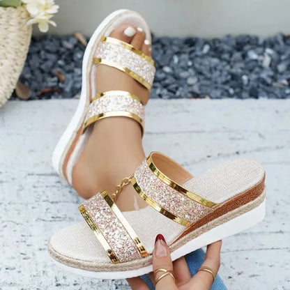 SOLEA DORÉ™ | Sandales Dorées Femme Élégantes Été – Compensées Confort Plage