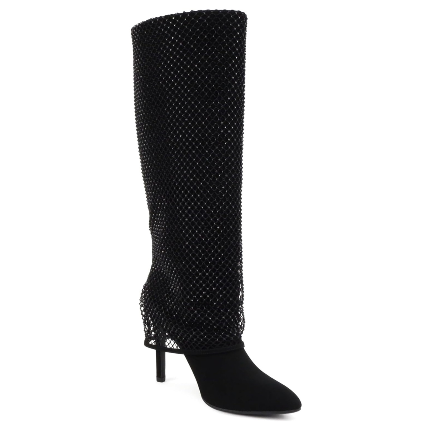 Bottes hautes noires à talon fin et tige ornée de strass pour femme