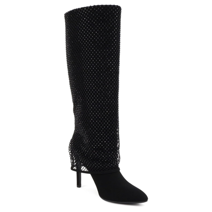 Bottes hautes noires à talon fin et tige ornée de strass pour femme