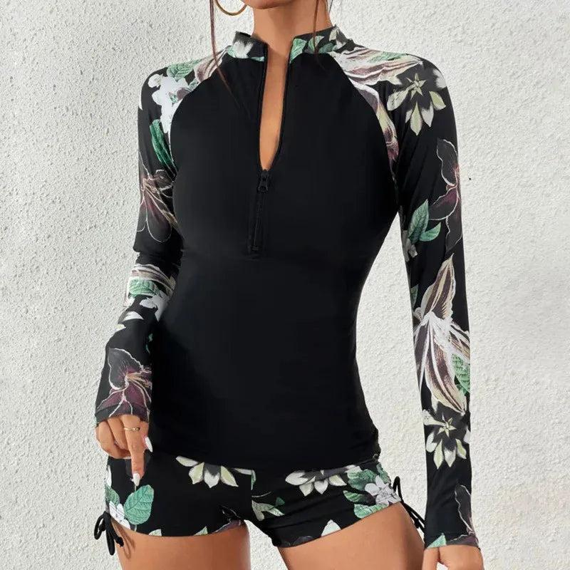 Élégance Marine - Tankini femme manches longues imprimé floral