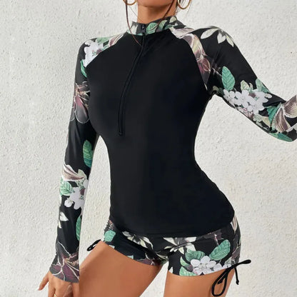 Élégance Marine - Tankini femme manches longues imprimé floral