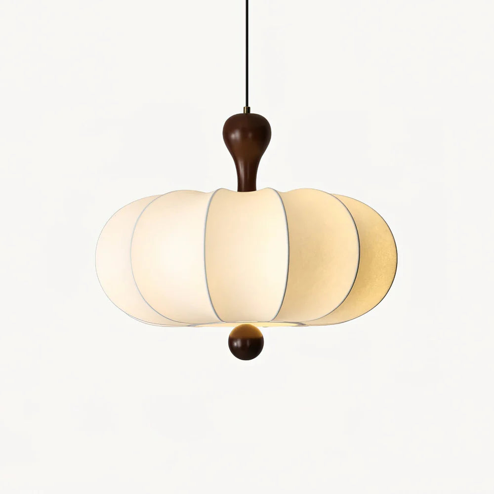 Suspension Noyer Élégance | Luminaire bois et tissu E27 blanc chaud