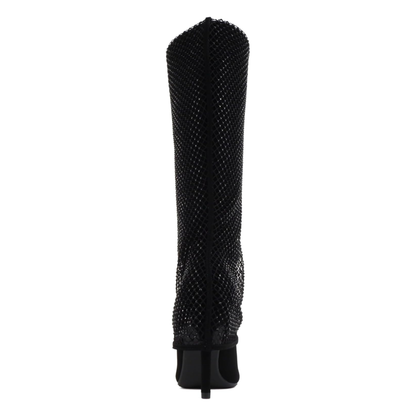 Bottes hautes noires à talon fin et tige ornée de strass pour femme