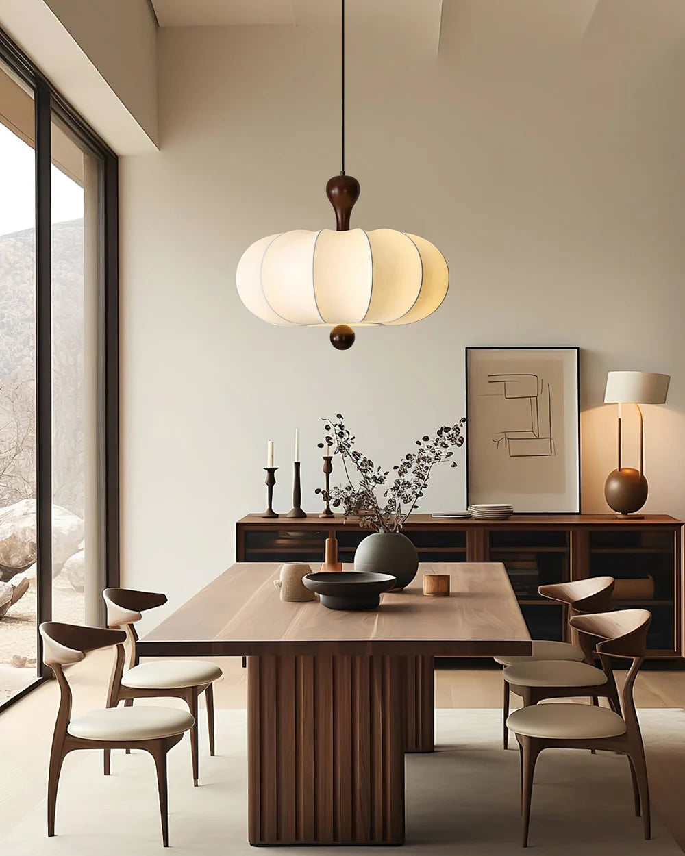 Suspension Noyer Élégance | Luminaire bois et tissu E27 blanc chaud