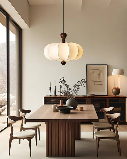 Suspension Noyer Élégance | Luminaire bois et tissu E27 blanc chaud