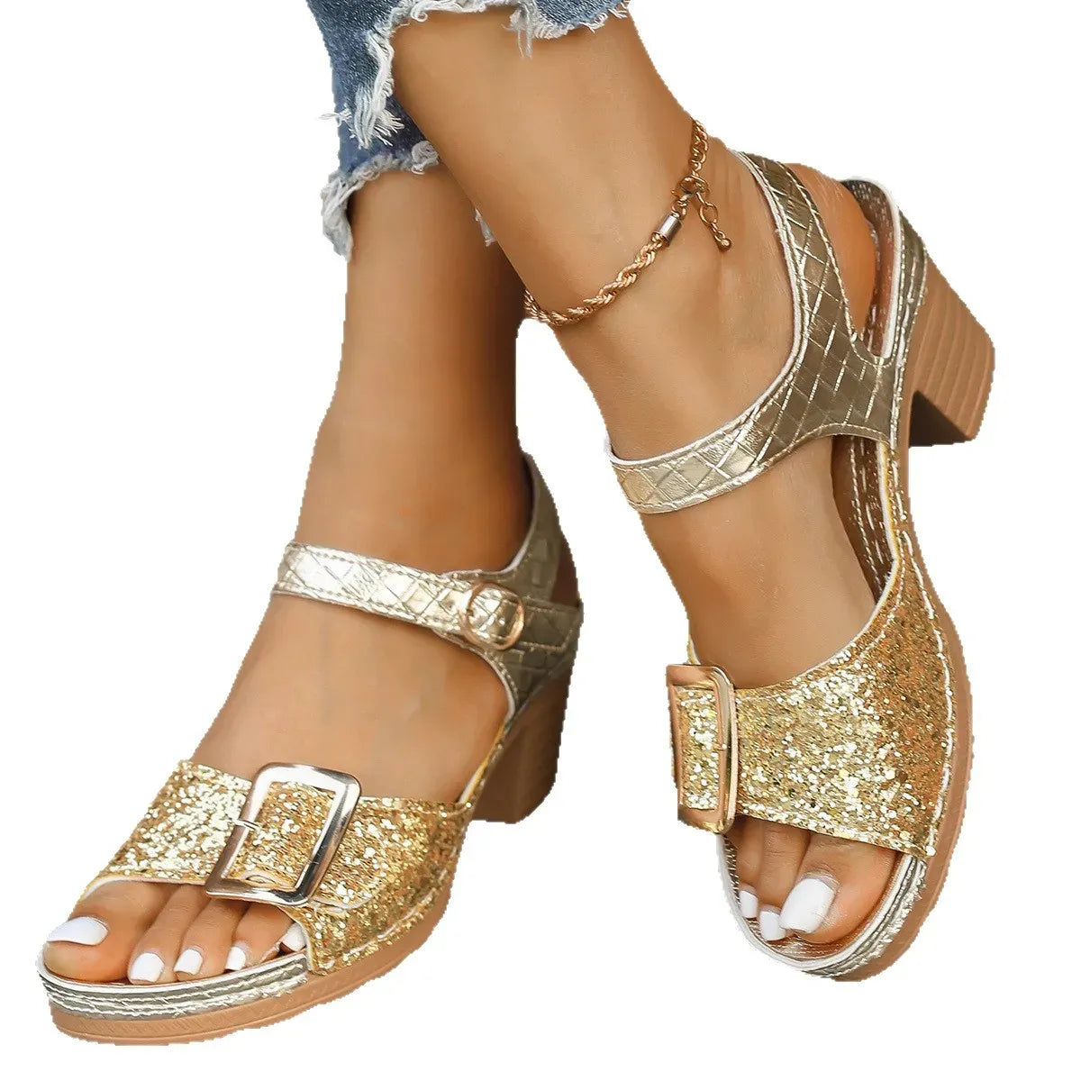 VELORA DORÉ™ | Sandales Dorées Femme Élégantes Été – Plateforme Confort Paillettes